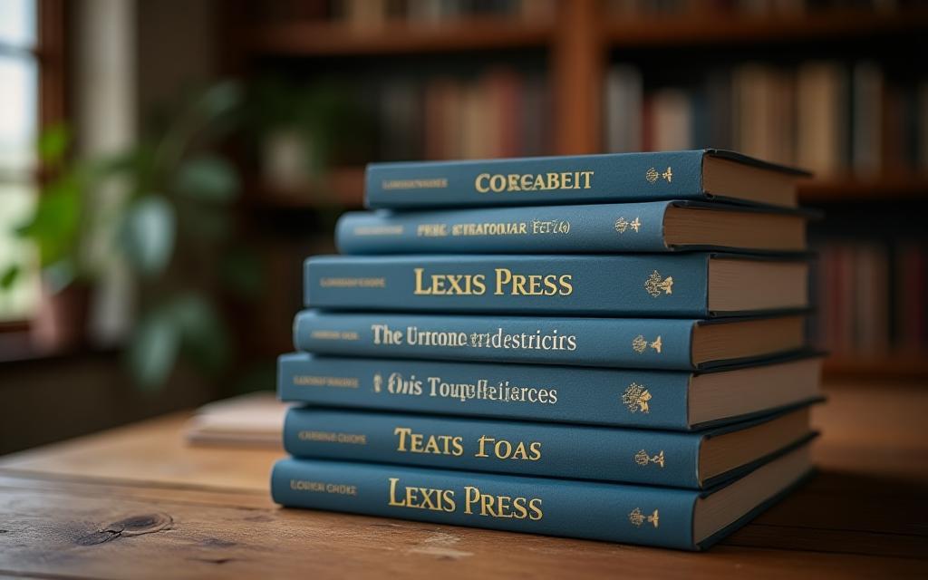 Stack of Lexis Press grammar guides on wooden desk